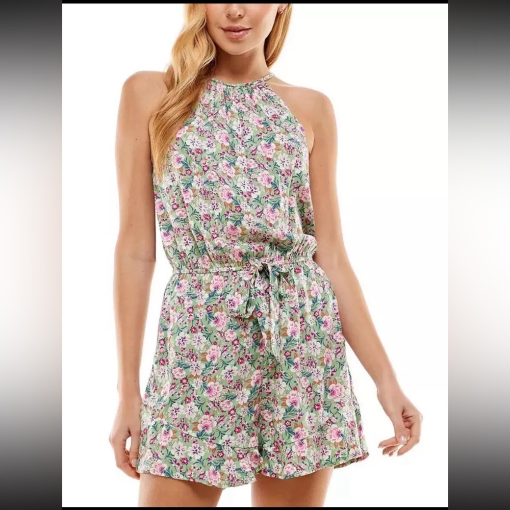 😍SOLD/BeBop Womens Floral Print Keyhole Drawstring Romper Juniors Green